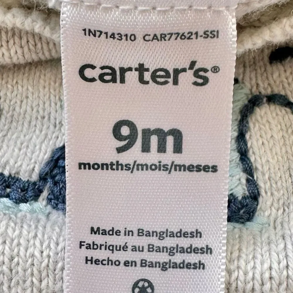 Carter’s Baby Boy Long Sleeve Elephant Embroidered Gray Sweater. 9 Months.